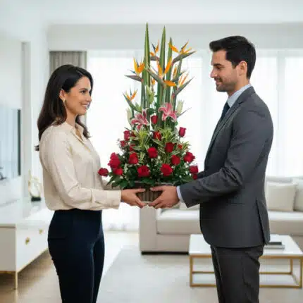 Mujer y hombre de pie frente a frente sosteniendo juntos un gran arreglo floral con rosas rojas, lirios rosas y aves del paraíso en una sala de estar luminosa y moderna