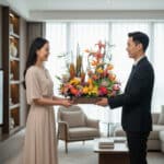 Hombre y mujer de pie frente a frente sosteniendo juntos una bandeja con un gran arreglo de frutas y flores tropicales en una sala de estar luminosa