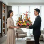 Hombre y mujer de pie frente a frente sosteniendo juntos una bandeja con un gran arreglo de frutas y flores tropicales en una sala de estar luminosa