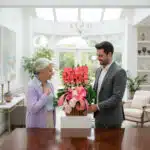 Hombre joven con traje gris entrega un gran arreglo de rosas rosas con lazos a una mujer mayor sonriente en una sala de estar luminosa y elegante