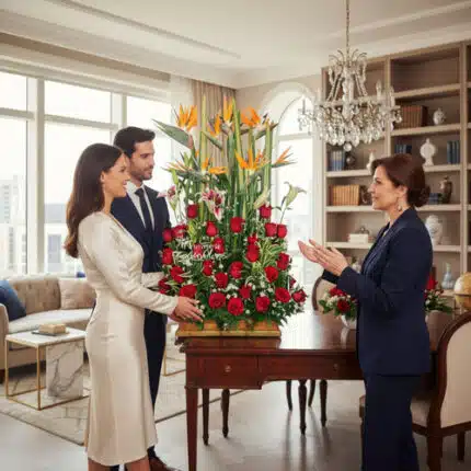 Pareja vestida de forma elegante recibe de una mujer un gran arreglo floral con rosas rojas y aves del paraíso sobre una mesa de madera en una sala luminosa y moderna