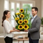 Hombre y mujer sonriendo mientras sostienen juntos un gran arreglo de girasoles en una sala de estar luminosa