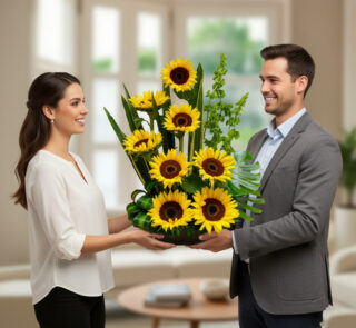 Hombre y mujer sonriendo mientras sostienen juntos un gran arreglo de girasoles en una sala de estar luminosa