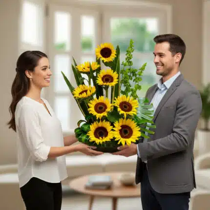 Hombre y mujer sonriendo mientras sostienen juntos un gran arreglo de girasoles en una sala de estar luminosa