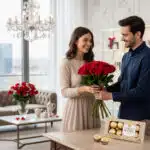 Hombre joven entrega un ramo de rosas rojas a una mujer sonriente junto a una mesa con caja de bombones en una sala de estar luminosa y decorada