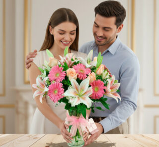 Hombre y mujer sonrientes abrazados mientras sostienen un gran ramo de gerberas rosas, rosas melocotón y lirios blancos en un jarrón de cristal sobre una mesa de madera clara