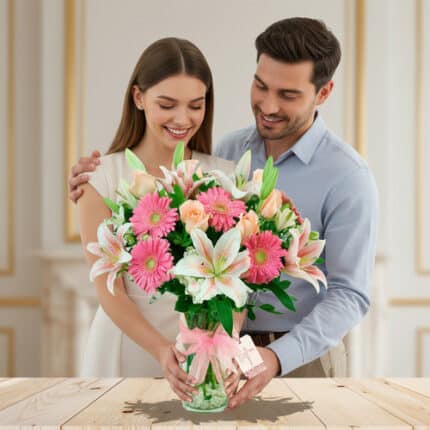 Hombre y mujer sonrientes abrazados mientras sostienen un gran ramo de gerberas rosas, rosas melocotón y lirios blancos en un jarrón de cristal sobre una mesa de madera clara