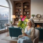 Mujer mayor sentada en un sillón sosteniendo un ramo de flores de colores en un salón con chimenea encendida y gran ventanal al fondo