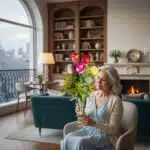 Mujer mayor sentada en un sillón sosteniendo un ramo de flores de colores en un salón con chimenea encendida y gran ventanal al fondo