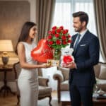 Hombre con traje azul y mujer con vestido blanco intercambiando regalos románticos, ramo de rosas rojas, globo de corazón y oso de peluche en una sala elegante