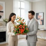 Hombre con traje gris entrega a una mujer un arreglo floral naranja y verde en una sala de estar moderna y luminosa