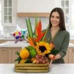 Mujer sonriendo en una cocina sosteniendo un arreglo de frutas tropicales con girasol, heliconias y globo en forma de estrella con el texto feliz día