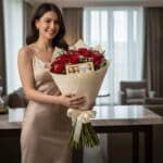 Mujer joven con vestido beige sosteniendo un ramo grande de rosas rojas y chocolates envuelto en papel crema con lazo blanco en una sala moderna