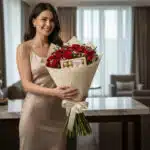 Mujer joven con vestido beige sosteniendo un ramo grande de rosas rojas y chocolates envuelto en papel crema con lazo blanco en una sala moderna