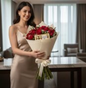 Mujer joven con vestido beige sosteniendo un ramo grande de rosas rojas y chocolates envuelto en papel crema con lazo blanco en una sala moderna