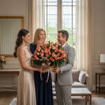 Hombre y mujer jóvenes entregan un gran ramo de rosas y tulipanes a una mujer sorprendida en un salón luminoso con ventanales altos