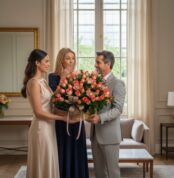 Hombre y mujer jóvenes entregan un gran ramo de rosas y tulipanes a una mujer sorprendida en un salón luminoso con ventanales altos