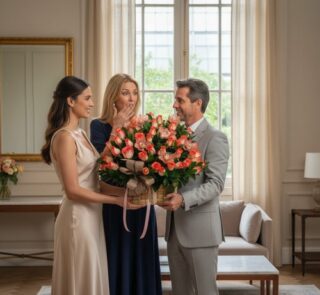 Hombre y mujer jóvenes entregan un gran ramo de rosas y tulipanes a una mujer sorprendida en un salón luminoso con ventanales altos
