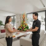 Repartidor entrega a una mujer un arreglo vertical de frutas y flores tropicales en una sala de estar moderna y luminosa