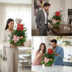Collage de tres escenas con un arreglo floral de rosas rojas y lirios rosados con globo de corazón, sostenido y admirado por una pareja en interiores luminosos