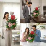 Collage de tres escenas con un arreglo floral de rosas rojas y lirios rosados con globo de corazón, sostenido y admirado por una pareja en interiores luminosos