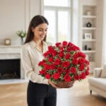 Mujer joven con camisa blanca sosteniendo una gran canasta de rosas rojas y paniculata en un salón luminoso y elegante