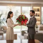 Hombre con traje gris entrega una canasta de rosas rojas con lazo rojo a una mujer con vestido beige en una sala de estar luminosa y moderna
