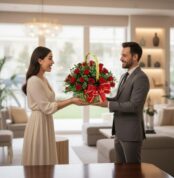 Hombre con traje gris entrega una canasta de rosas rojas con lazo rojo a una mujer con vestido beige en una sala de estar luminosa y moderna