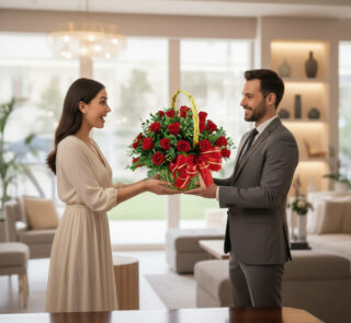 Hombre con traje gris entrega una canasta de rosas rojas con lazo rojo a una mujer con vestido beige en una sala de estar luminosa y moderna