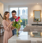 Pareja joven sonriendo mientras arregla un ramo de flores de colores en un jarrón de cristal sobre una encimera de cocina en un salón moderno y luminoso
