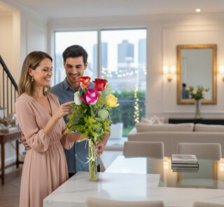 Pareja joven sonriendo mientras arregla un ramo de flores de colores en un jarrón de cristal sobre una encimera de cocina en un salón moderno y luminoso