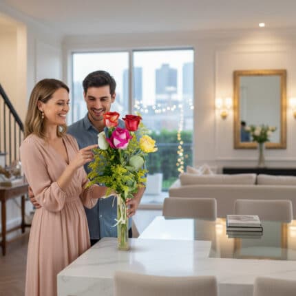 Pareja joven sonriendo mientras arregla un ramo de flores de colores en un jarrón de cristal sobre una encimera de cocina en un salón moderno y luminoso