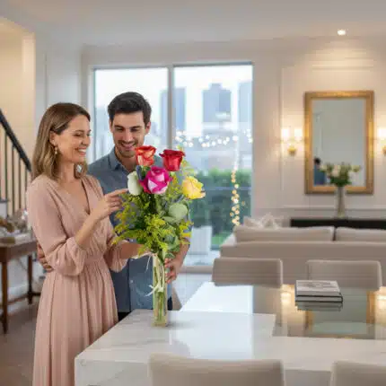 Pareja joven sonriendo mientras arregla un ramo de flores de colores en un jarrón de cristal sobre una encimera de cocina en un salón moderno y luminoso