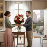 Mujer y hombre de pie frente a frente en un salón luminoso, sosteniendo un gran ramo de flores rojas y blancas sobre una mesa de madera