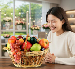 Mujer joven sentada en una mesa de madera mirando una canasta de mimbre llena de frutas variadas como uvas, manzanas, peras y cítricos en una sala luminosa con ventanas y flores de fondo