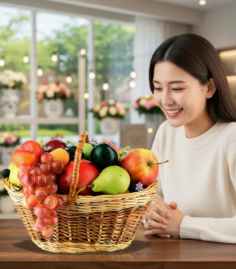 Mujer joven sentada en una mesa de madera mirando una canasta de mimbre llena de frutas variadas como uvas, manzanas, peras y cítricos en una sala luminosa con ventanas y flores de fondo