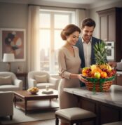 Pareja sonriente en una cocina elegante observando una canasta de frutas variadas sobre una encimera