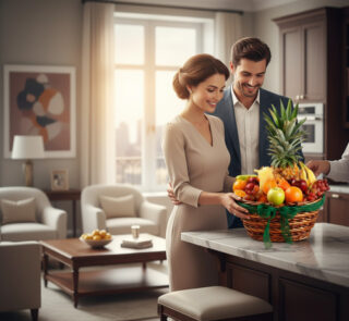 Pareja sonriente en una cocina elegante observando una canasta de frutas variadas sobre una encimera