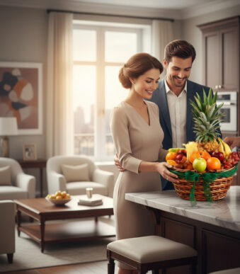 Pareja sonriente en una cocina elegante observando una canasta de frutas variadas sobre una encimera