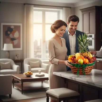 Pareja sonriente en una cocina elegante observando una canasta de frutas variadas sobre una encimera