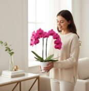 Mujer joven con suéter beige sosteniendo una maceta blanca con orquídea rosa frente a una ventana en una sala de estar minimalista