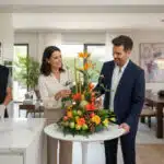 Hombre y mujer elegantemente vestidos observan un centro de mesa con flores tropicales y frutas frescas sobre una mesa redonda blanca en una cocina moderna y luminosa