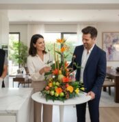 Hombre y mujer elegantemente vestidos observan un centro de mesa con flores tropicales y frutas frescas sobre una mesa redonda blanca en una cocina moderna y luminosa