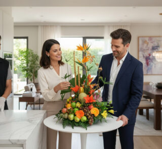 Hombre y mujer elegantemente vestidos observan un centro de mesa con flores tropicales y frutas frescas sobre una mesa redonda blanca en una cocina moderna y luminosa
