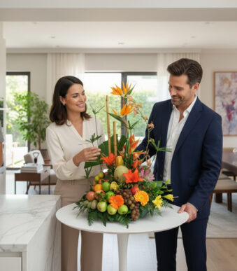 Hombre y mujer elegantemente vestidos observan un centro de mesa con flores tropicales y frutas frescas sobre una mesa redonda blanca en una cocina moderna y luminosa