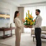 Hombre joven entrega a una mujer un arreglo floral grande con girasoles y flores tropicales en una sala de estar luminosa y moderna