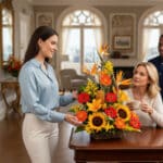 Mujer joven entregando un arreglo floral amarillo y naranja sobre una mesa de madera a otra mujer que sostiene una taza en una sala elegante y luminosa