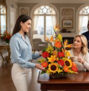 Mujer joven entregando un arreglo floral amarillo y naranja sobre una mesa de madera a otra mujer que sostiene una taza en una sala elegante y luminosa