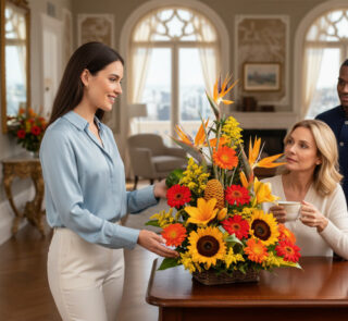 Mujer joven entregando un arreglo floral amarillo y naranja sobre una mesa de madera a otra mujer que sostiene una taza en una sala elegante y luminosa