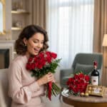 Mujer joven sentada en una sala elegante sosteniendo un ramo de rosas rojas, sobre la mesa hay otra composición de rosas, una botella de vino tinto y una caja de bombones